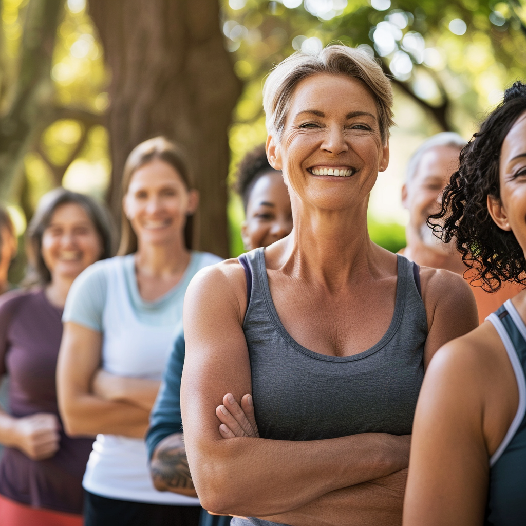 Group of mature adults aged 40-55 engaging in outdoor fitness activities, showing diverse people in athletic wear participating in a wellness program with positive expressions and healthy lifestyle focus
