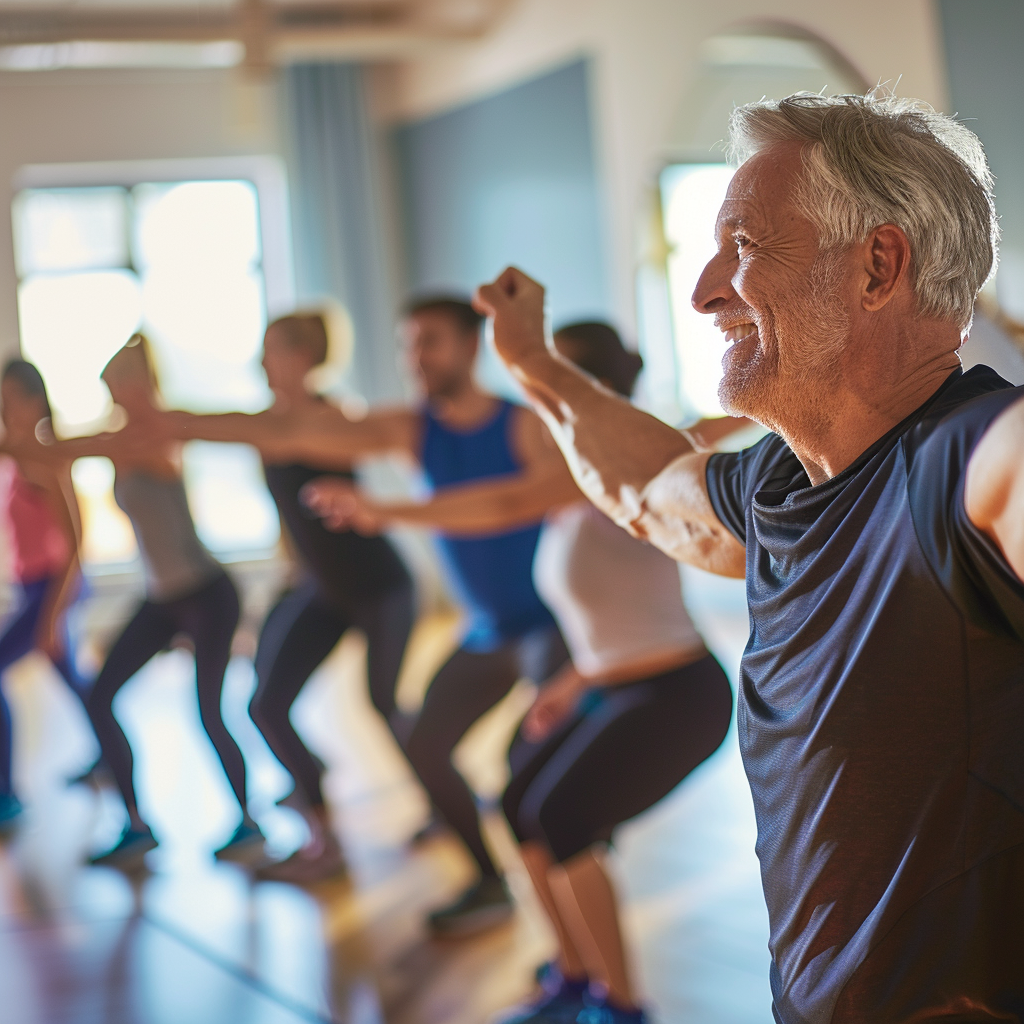 Professional fitness instructor aged 40-50 demonstrating proper exercise technique to a small group of mature adults in a bright, modern wellness facility with emphasis on safe movement patterns and personalized guidance